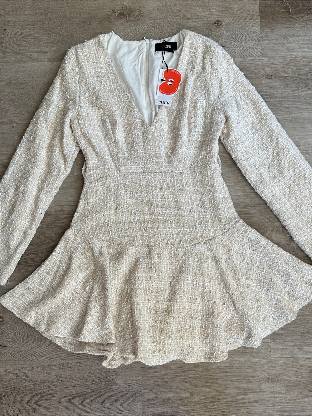 NWT Cider Tweed V-Neck Flared Drop Waist Mini Dress Cream (Missing Belt)